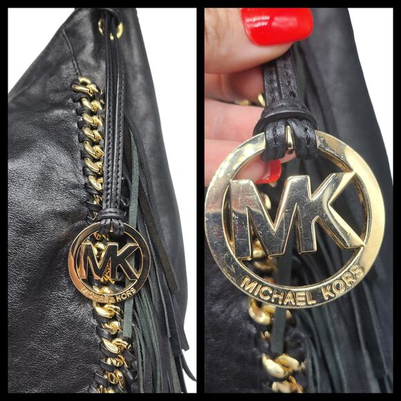 Michael Kors Hobo Bag Purse Black Leather Fringe Gold Chain Braided Slouchy Boho - Picture 11 of 16